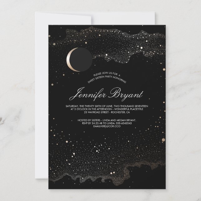 Crescent Moon and Night Stars Sweet 16 Einladung (Vorderseite)