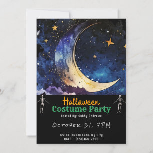 Crescent Moon Blue Sky und Stars Black Halloween Einladung