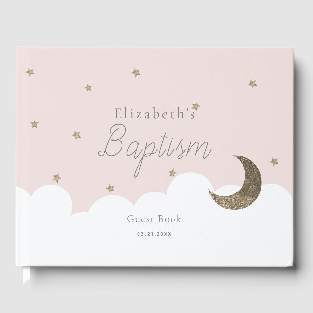 Crescent Moon & Étoiles Rose Girl Baptême Livre d' (Recto)