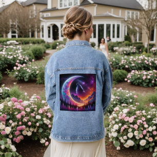 Crescent Moon Farbenfrohe Nacht Himmel Wolf Howl Jeansjacke