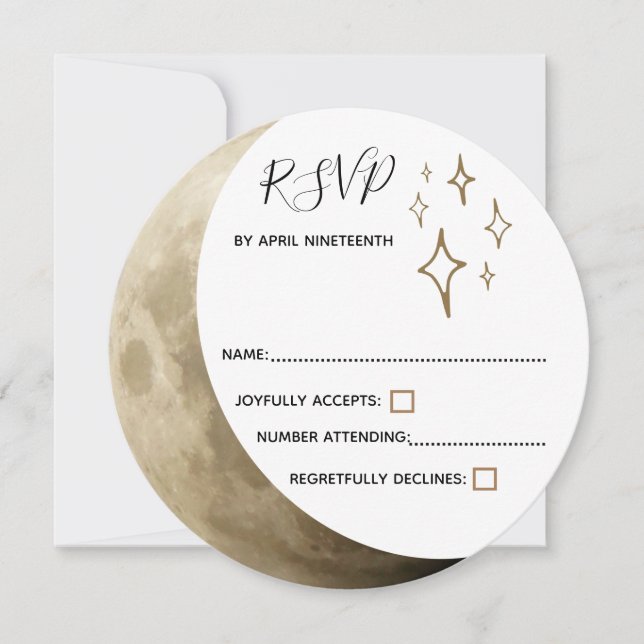 Crescent Moon & Gold Stars Hochzeit RSVP Einladung (Vorderseite)