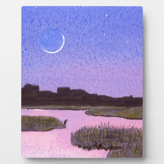 Crescent Moon & Heron in Twilight Marsh Fotoplatte (Vorderseite)