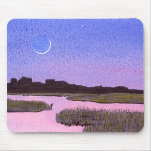 Crescent Moon & Heron in Twilight Marsh Mousepad