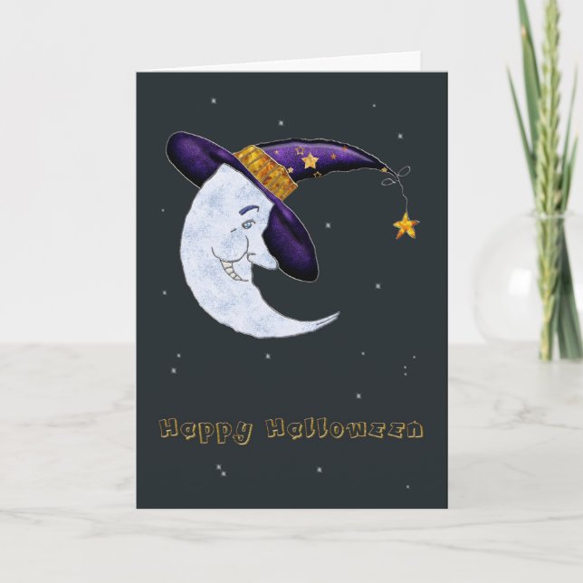 Crescent Moon in Hexenhut Halloween-Karte Karte (Vorderseite)