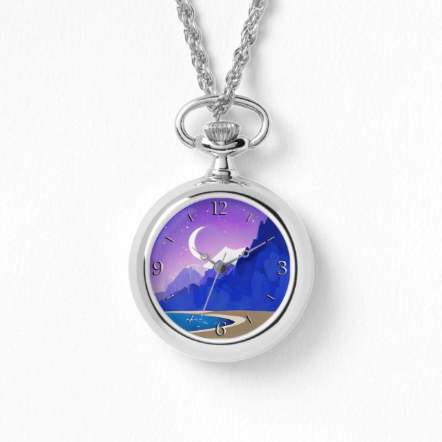 Crescent Moon, Lake and Mountains in Violet & Blue Armbanduhr (Vorderseite)
