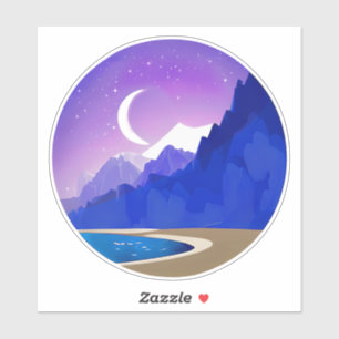 Crescent Moon, Lake and Mountains in Violet & Blue Aufkleber