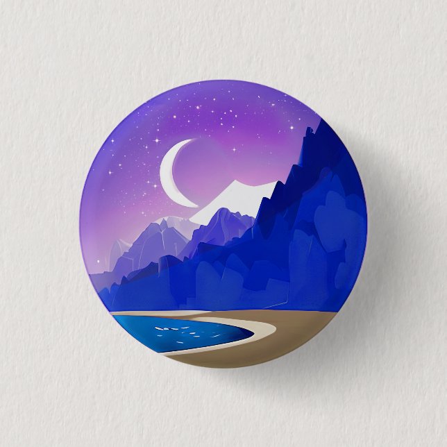 Crescent Moon, Lake and Mountains in Violet & Blue Button (Vorderseite)