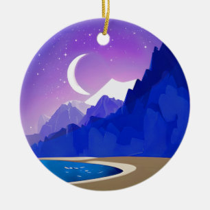 Crescent Moon, Lake and Mountains in Violet & Blue Keramik Ornament