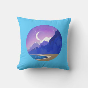 Crescent Moon, Lake and Mountains in Violet & Blue Kissen