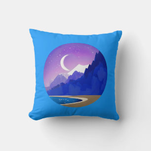 Crescent Moon, Lake and Mountains in Violet & Blue Kissen
