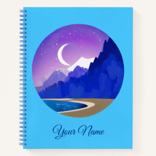 Crescent Moon, Lake and Mountains in Violet & Blue Notizbuch
