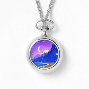Crescent Moon, Lake & Mountains in Violet & Blue Armbanduhr