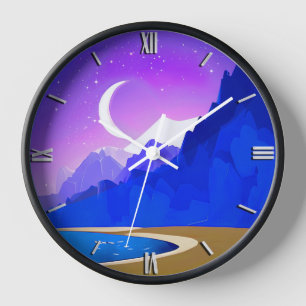 Crescent Moon, Lake & Mountains in Violet & Blue Uhr