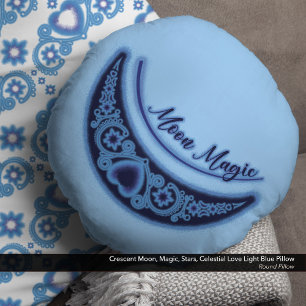 Crescent Moon Magic Stars Celestial Light Blue Rundes Kissen
