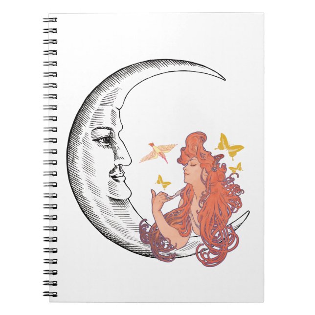 Crescent Moon mit Gesicht + Alphonse Mucha Vintag Notizblock (Vorderseite)