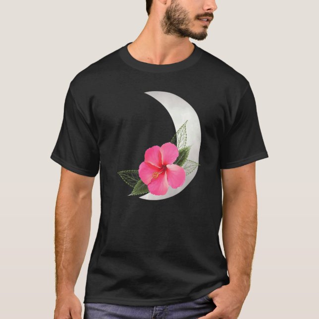 Crescent Moon mit Hibus Blume Tropische Blume T-Shirt (Vorderseite)
