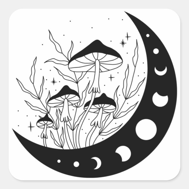 Crescent Moon & Mushrooms Quadratischer Aufkleber (Vorderseite)