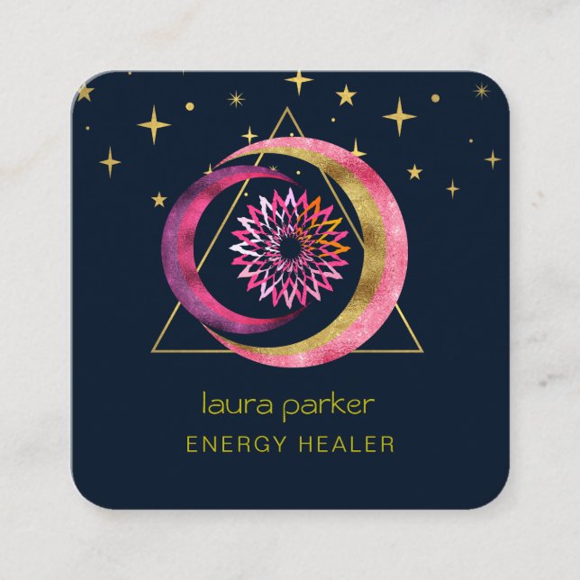 Crescent Moon Mystic Lotus Boho Cosmic Sky Quadratische Visitenkarte (Vorderseite)