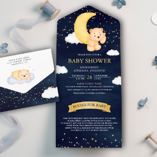 Crescent Moon Navy Blau Teddybär Baby Shower All In One Einladung