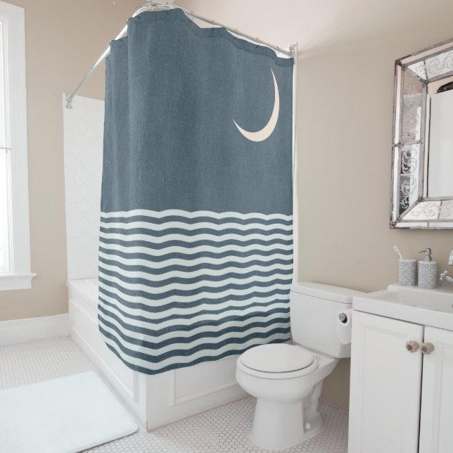 Crescent Moon Ocean Midnight Navi Blue Duschvorhang (Beispiel)