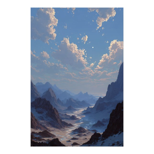 Crescent Moon Over Misty Mountain Valley Fotodruck (Vorne)