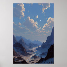 Crescent Moon Over Misty Mountain Valley Poster