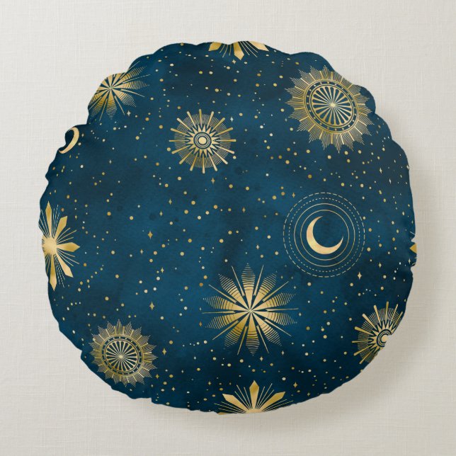 Crescent Moon Starry Night Celestial Rundes Kissen (Vorderseite)