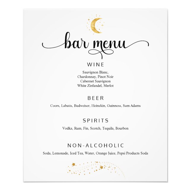 Crescent Moon Starry Night Mariage Bar Menu Poster (Devant)