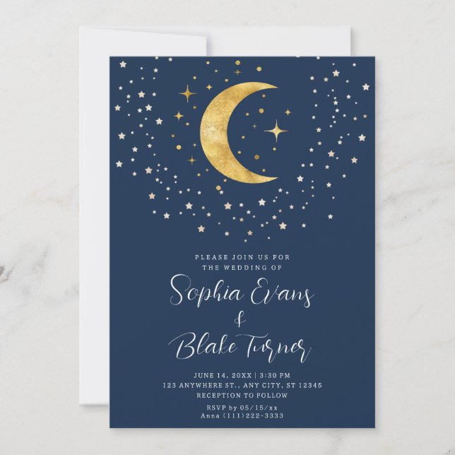 Crescent Moon Starry Night Navy Blue Wedding Einladung (Vorderseite)