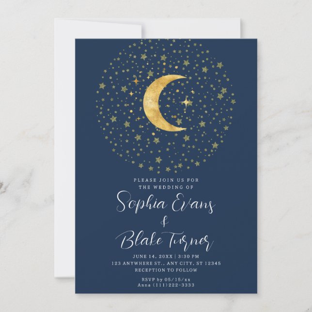 Crescent Moon Starry Night Navy Blue Wedding Einladung (Vorderseite)