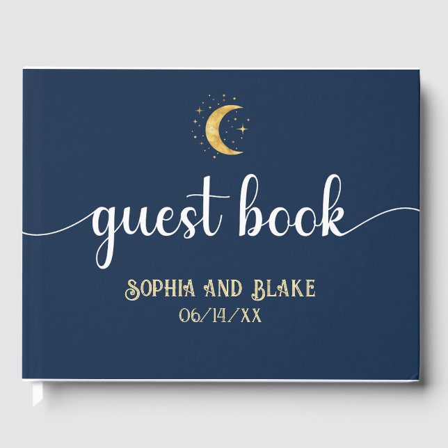 Crescent Moon Starry Night Navy Blue Wedding Gästebuch (Vorderseite)