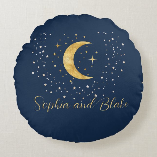 Crescent Moon Starry Night Rundes Kissen (Vorderseite)