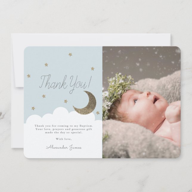 Crescent Moon & Stars Baby Blue Boy Foto Dankeskarte (Vorderseite)