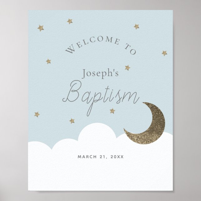 Crescent Moon Stars Blue Boy Baptism Affiche de bi (Devant)