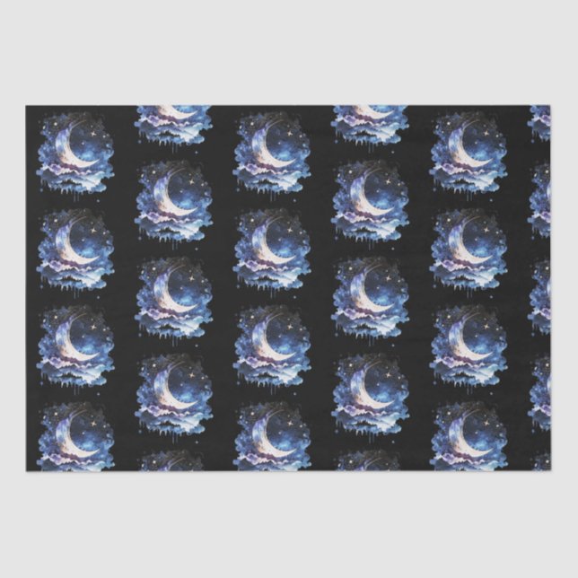Crescent Moon Stars Celestial Black Halloween Seidenpapier (Vorderseite)