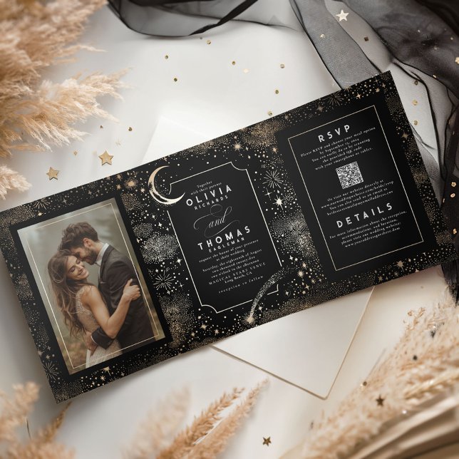 Crescent Moon Stars Celestial Black Wedding Foto Dreifach Gefaltete Einladung (Celestial Night Sky Black Wedding Tri-fold Photo Invitations)