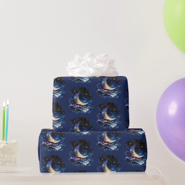 Crescent Moon Stars Celestial Blue Halloween Geschenkpapier (Partygeschenke)