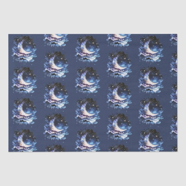 Crescent Moon Stars Celestial Blue Halloween Seidenpapier (Vorderseite)