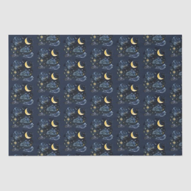 Crescent Moon Stars Celestial Blue Halloween Seidenpapier (Vorderseite)