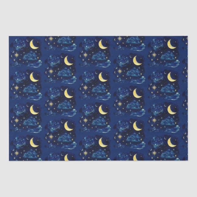 Crescent Moon Stars Celestial Blue Halloween Seidenpapier (Vorderseite)