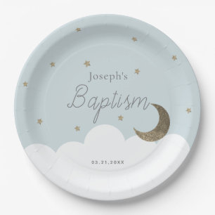 Crescent Moon & Stars Light Blue Boy Taufe Pappteller