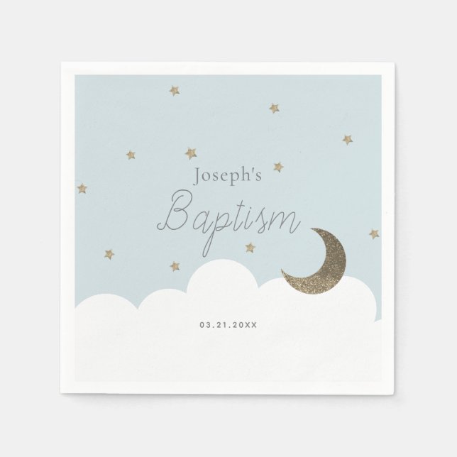 Crescent Moon & Stars Light Blue Boy Taufe Serviette (Vorderseite)