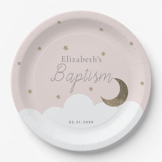 Crescent Moon & Stars Light Pink Girl Taufe Pappteller (Vorderseite)