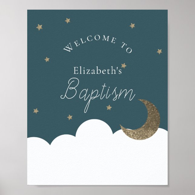 Crescent Moon Stars Navy Blue Baptisse Begrüßungsz Poster (Vorne)