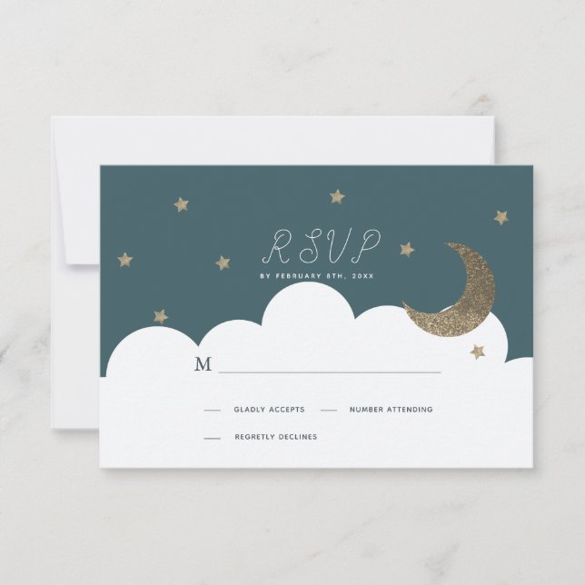 Crescent Moon & Stars Navy Blue Baptisse UAWG RSVP Karte (Vorderseite)