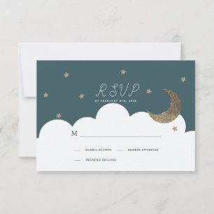 Crescent Moon & Stars Navy Blue Baptisse UAWG RSVP Karte