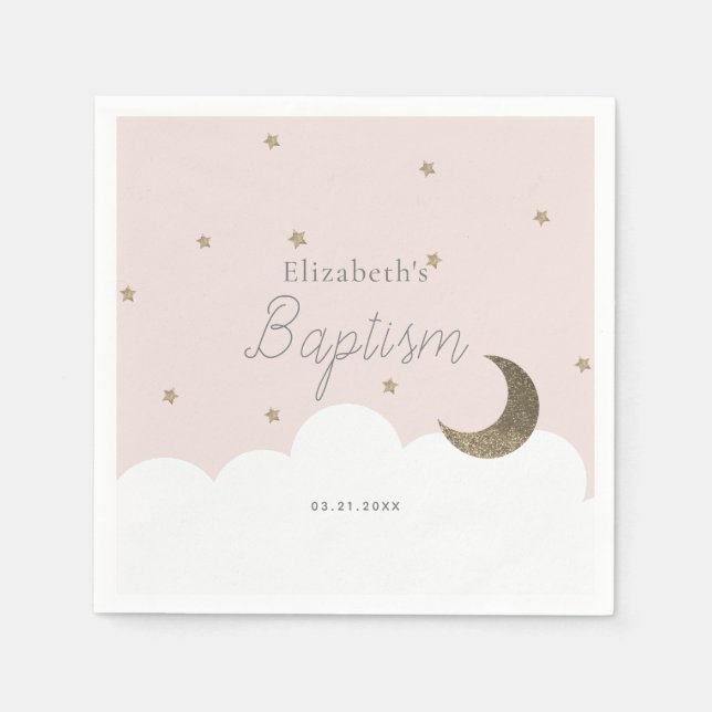 Crescent Moon & Stars Pink Girl Taufe Napkins Serviette (Vorderseite)