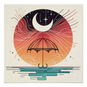 Crescent Moon über Regenschirm mit Star Rain Poster