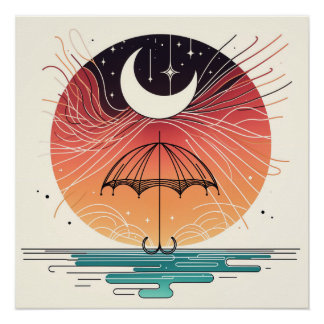 Crescent Moon über Regenschirm mit Star Rain Poster