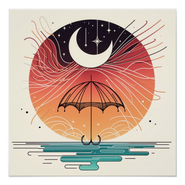 Crescent Moon über Regenschirm mit Star Rain Poster (Vorderseite)